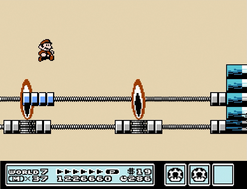 Mario leaps over fire-spewing cannons and bottomless pits on Ludwig von Koopa's Airship.