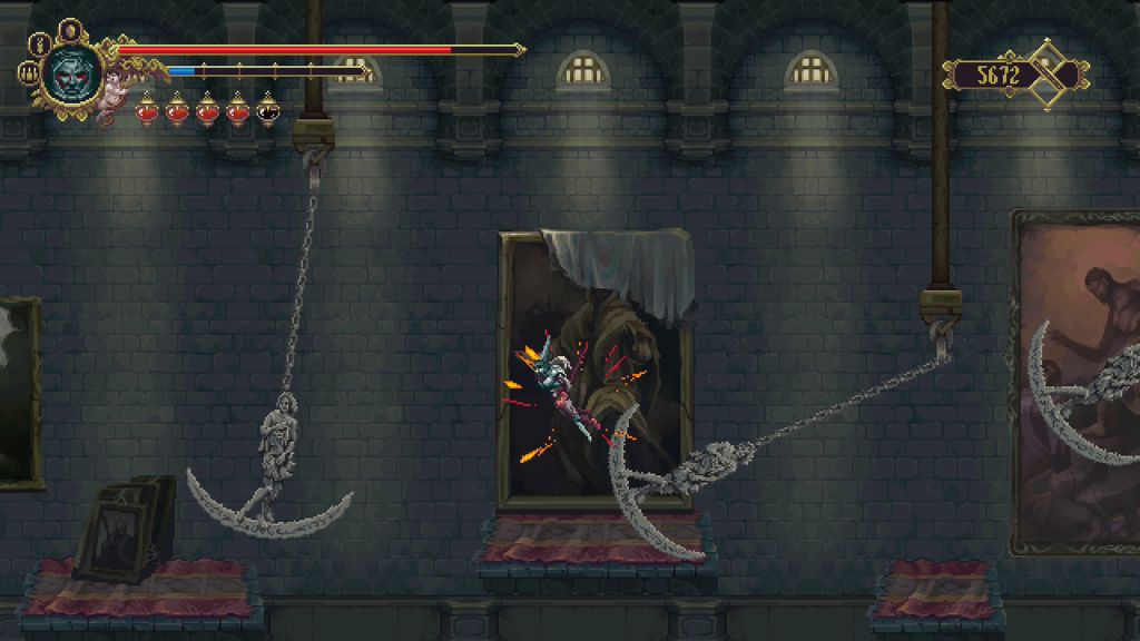 Imprecise platforming makes a pendulum-filled hallway more deadly than anything else in Blasphemous.
